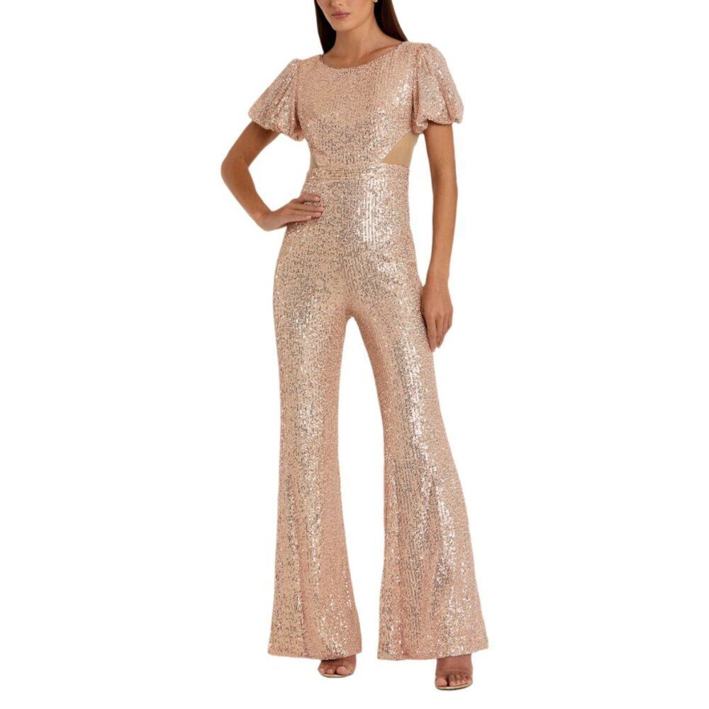 Ieena Mac Duggal Sequined Puff Shoulder Illusion Cut Out Jumpsuit Size 4 NWT